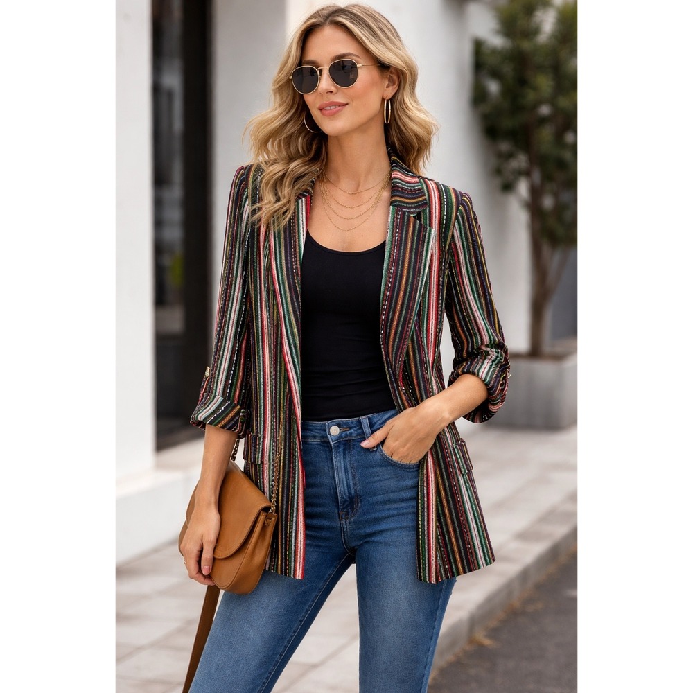 Messini Blazer Women Large Jacket Open Front Striped Linen Blend Roll Tab Sleeve